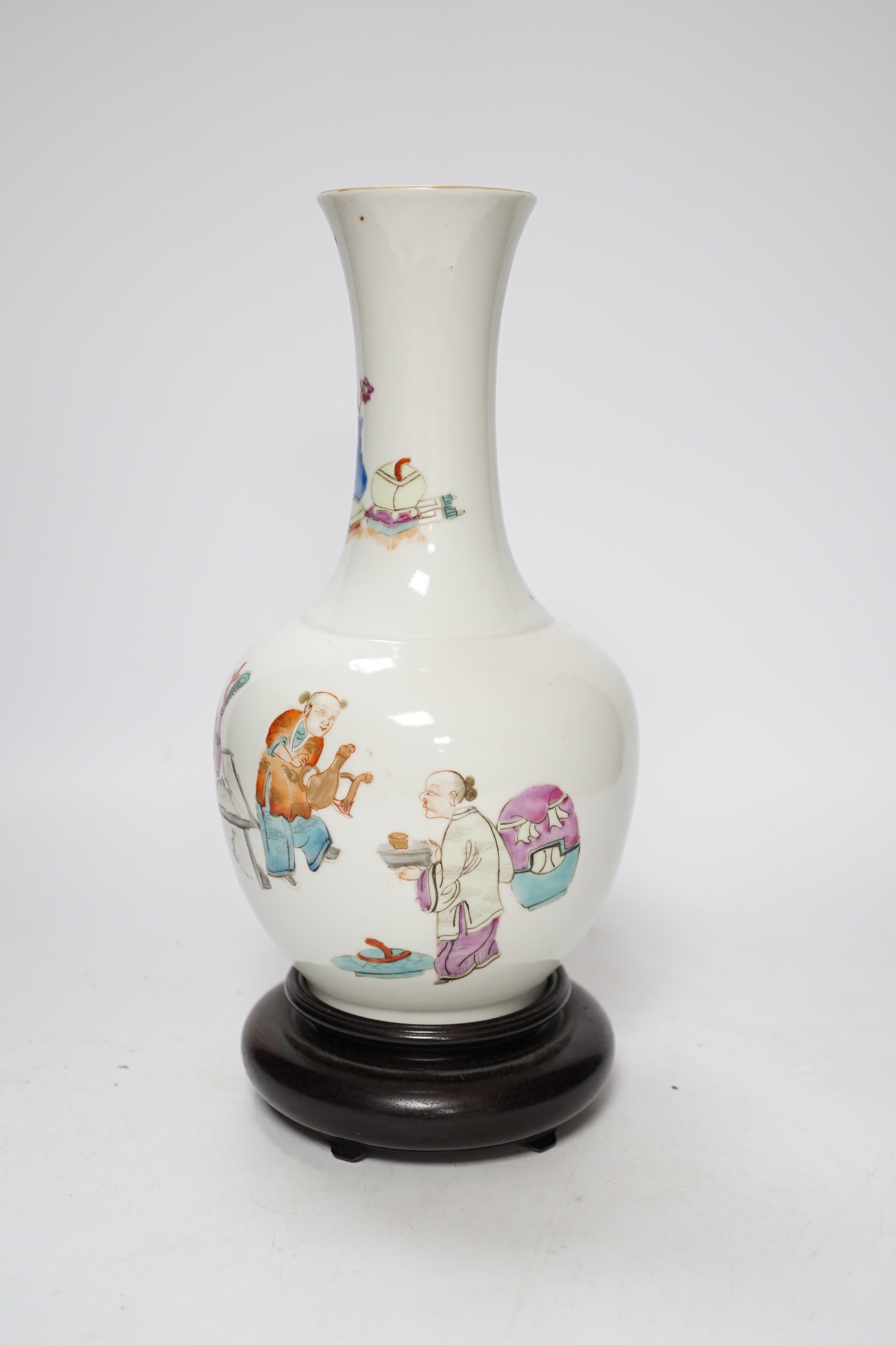 A Chinese famille rose vase, on hardwood stand, 26cm